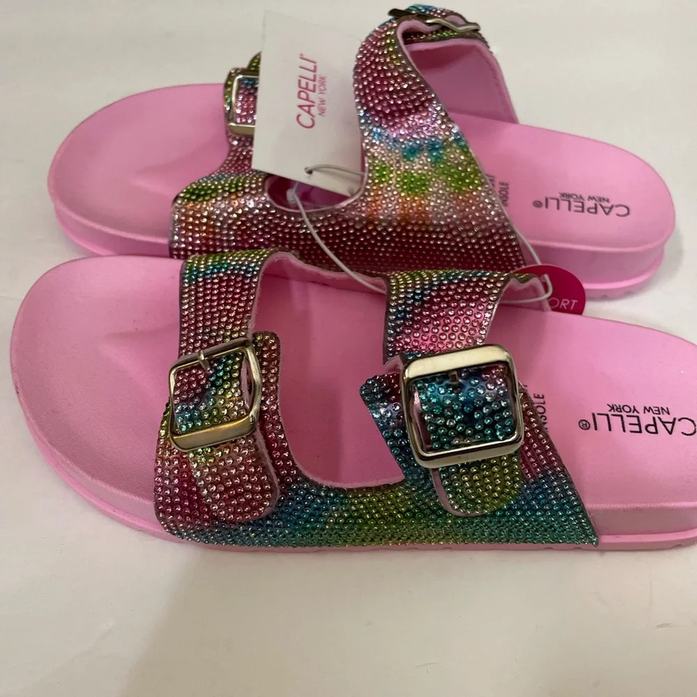 Girls Pink Shimmer Double Strap Slip-On Sandal - Picture 6 of 12